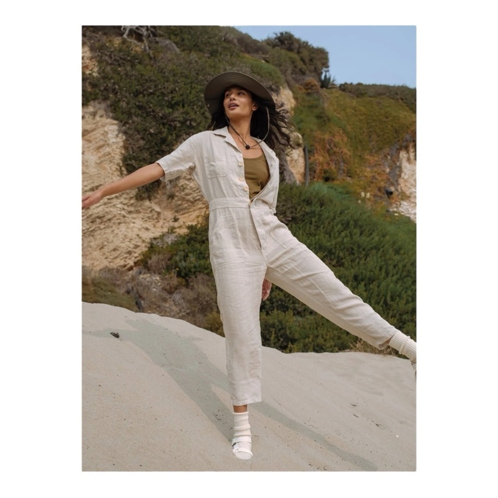 Mate the Label Short Sleeve Linen Jumpsuit in Khaki NWOT